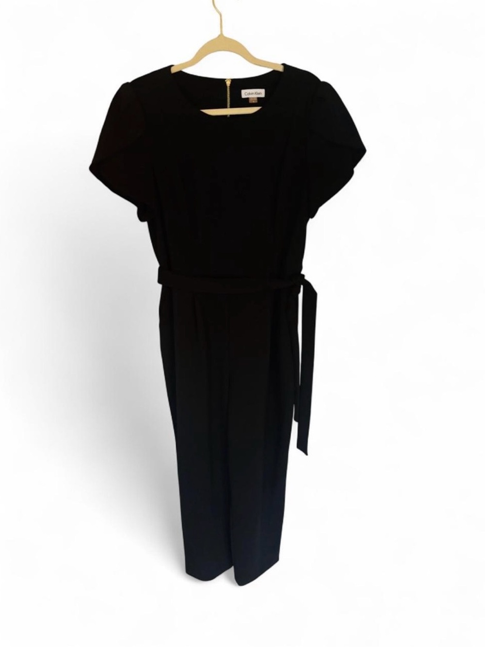 Calvin Klein Short-Sleeve Tie-Waist Black Formal Jumpsuit with Gold Zipper